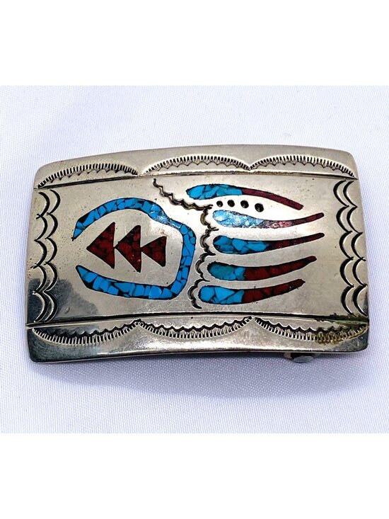 Southwest Signed Sterling Silver Turquoise Shell Inlay Buckle main image 3
